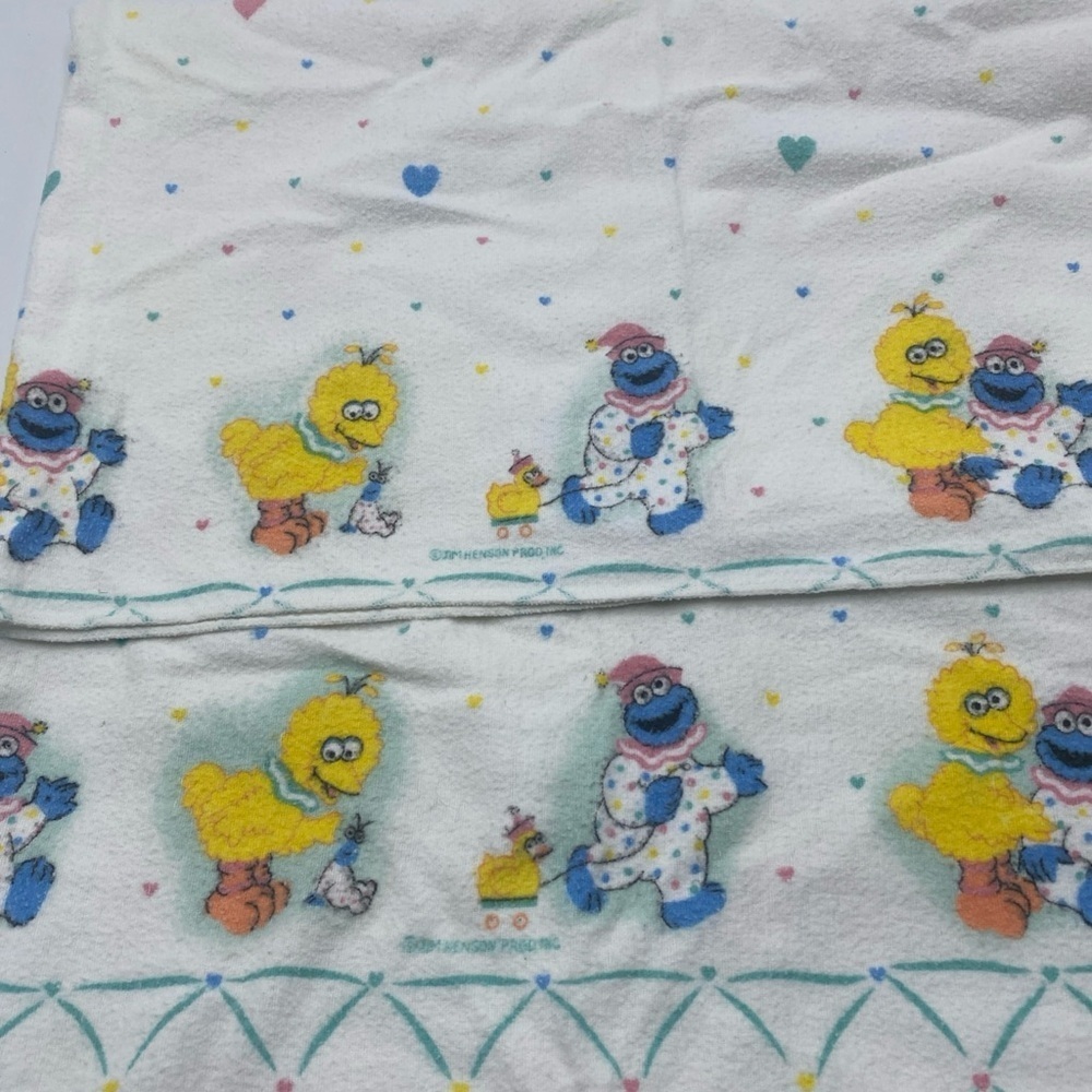 Vintage 80s SESAME STREET Baby Receiving Blanket White Reigel Cookie Big Bird